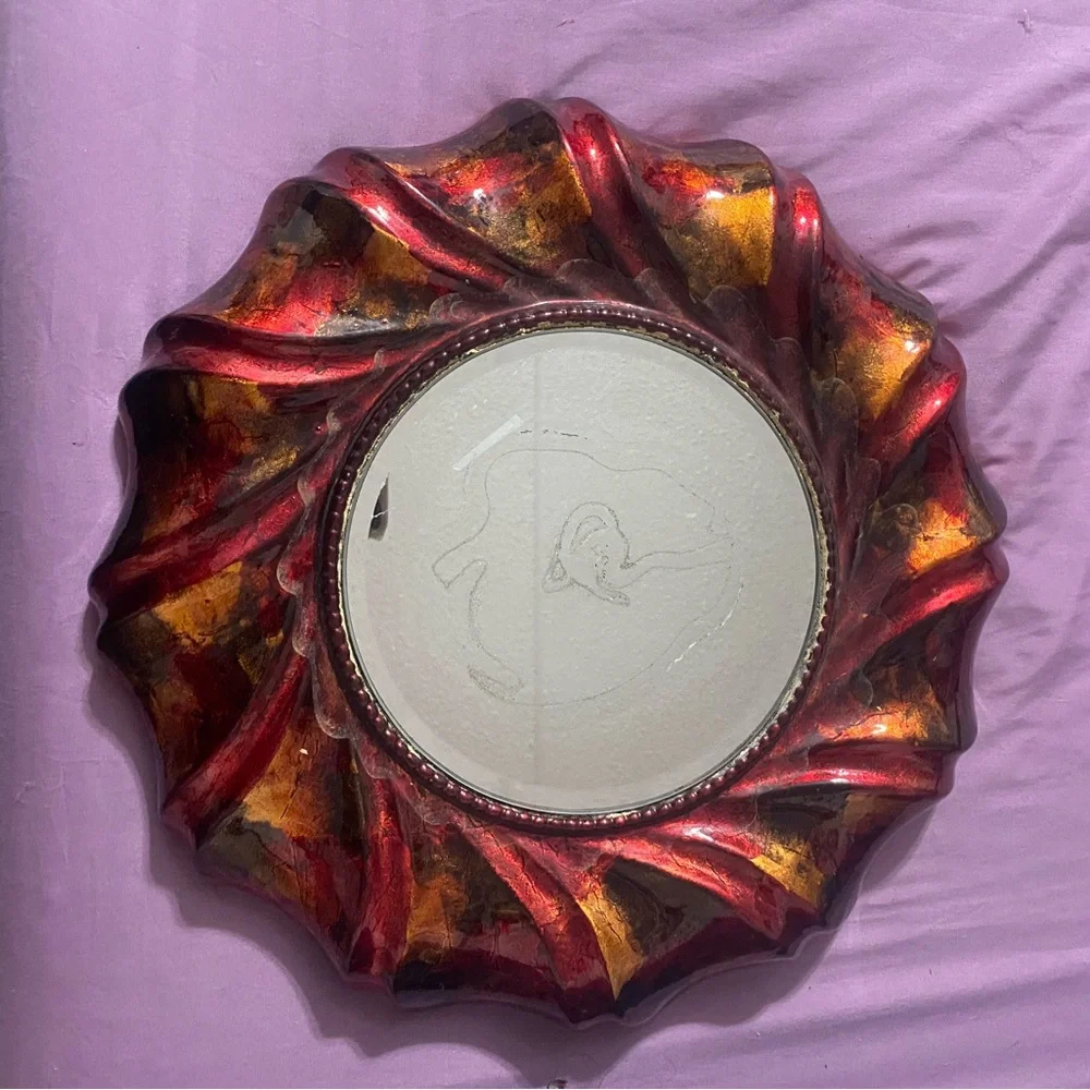 Decorative Swirl Round Wall Mirror in Red and Gold